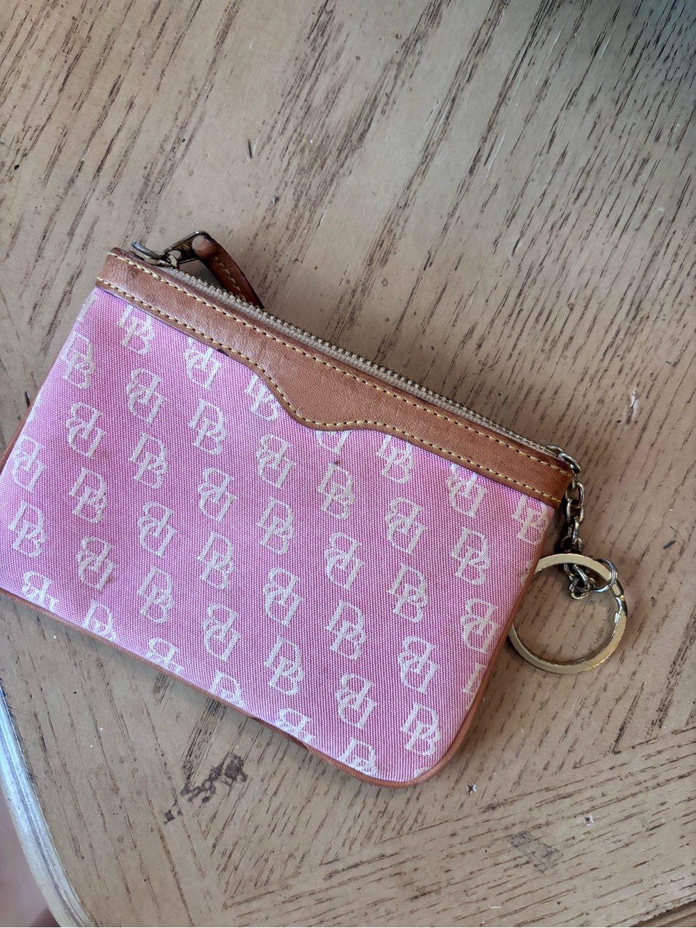 Dooney & Bourke Pink Monogram Zip Key Pouch with Tan Trim